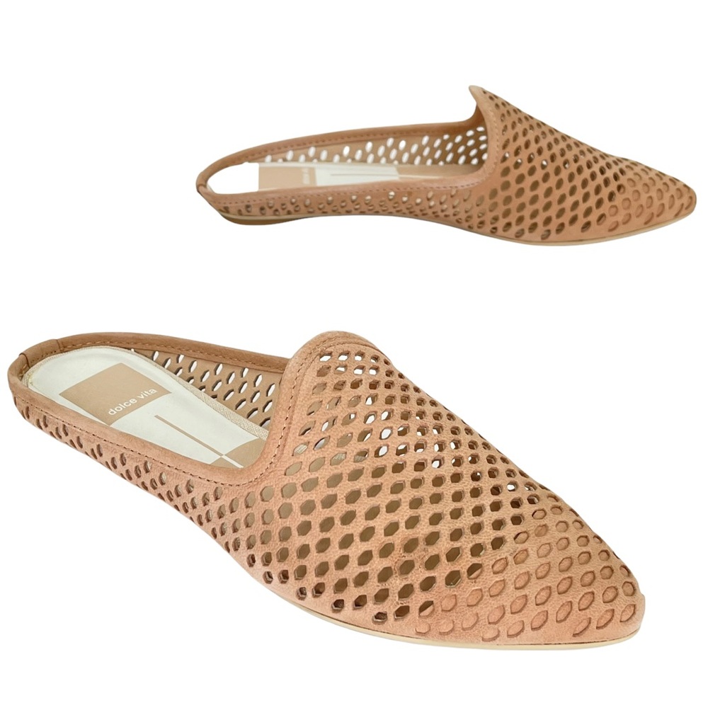 Dolce Vita Grant Tan Perforated Nubuck Leather Womens Flat Mules Size 6M - Picture 4 of 15